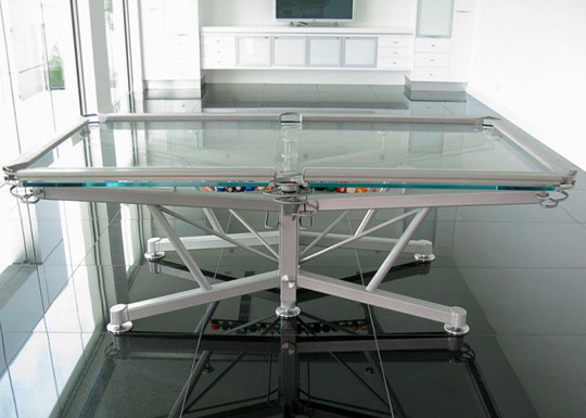 Glass billiard table with metal frame