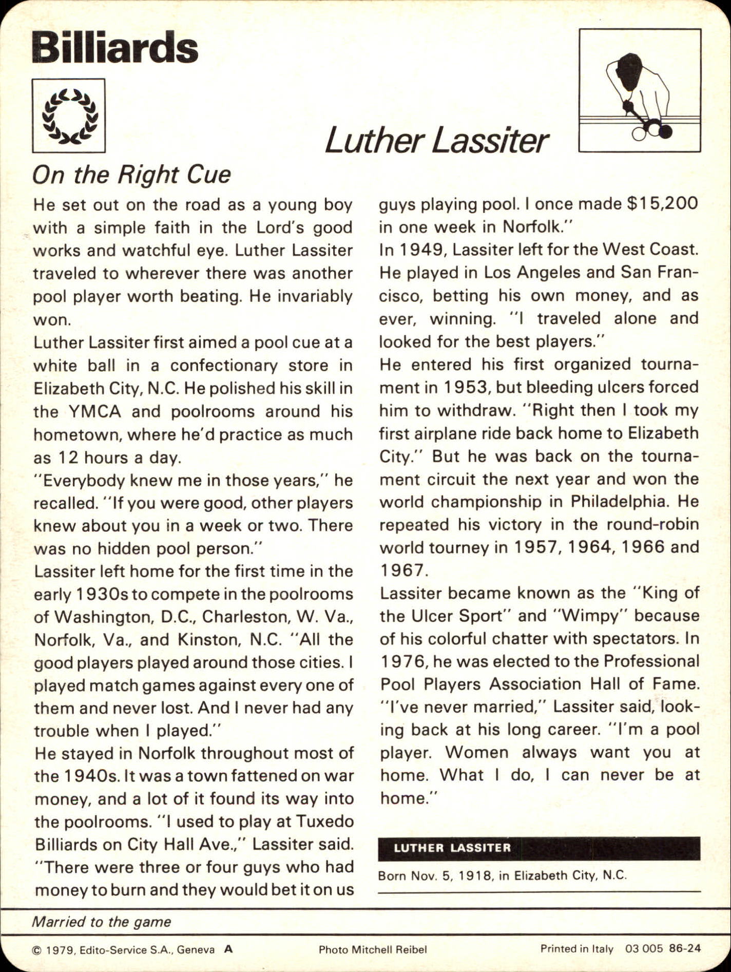 Luther Wimpy Lassiter Sportscaster Card - On the Right Cue - Back