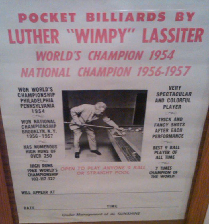 Luther Lassiter was traveling throughout the United States doing billiard exhibitions and playing in pool tournaments with his manager, Al Sunshine